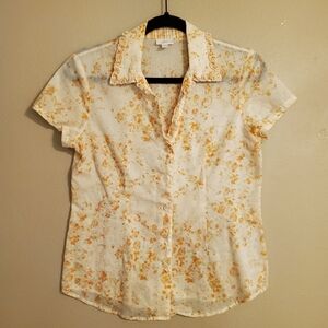 J.JILL Calico Pale Yellow & Orange Floral Semi-Sheer Ruffle Vneck Blouse Women's